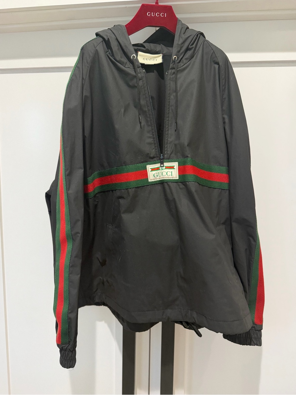Gucci Black Hooded Windbreaker with Red & Green Accent Stripes